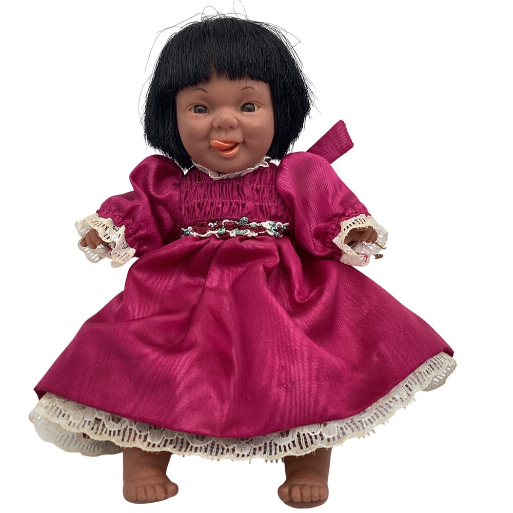 Vintage Expressive Vinyl Baby Doll Magenta Lace Dress Black Hair 8.5 Inch‎
